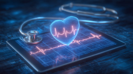 Digital Healthcare Monitoring with Tablet and Stethoscope. Generativeの素材