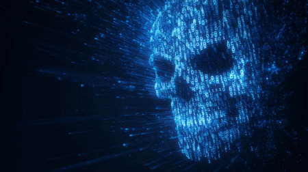 binary horror theme, glowing skull formed from binary digits floating above breached firewall. Generative AIの素材