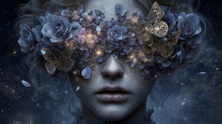 head of woman dissolving into floating petals and butterflies, with glowing highlights and cosmic sky. Generative AIの素材