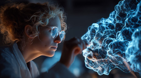 AI-assisted research concept, scientist analyzing holographic projection of quantum data flow from live experiment. Generative AIの素材