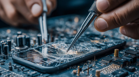 technician repairing cracked smartphone screen with precision tools. Generative AIの素材