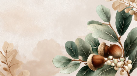 flat lay, watercolor leaves and acorns arranged on paper texture. Generativeの素材