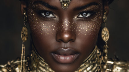 Portraits of elegant dark skinned woman with gold jewelry. Generative AIの素材