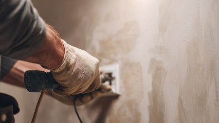 Electrician installing new outlets in renovated apartment. Generativeの素材