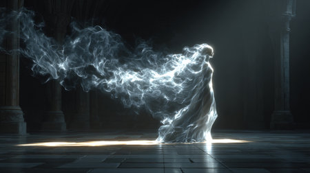 Ethereal Spirit Woman in Glowing Light Smoke. Generativeの素材