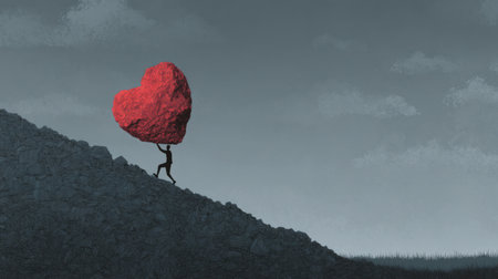 Burden, figure carrying heavy stone heart uphill under gray skies. Generative AIの素材