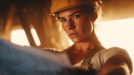 Dramatic lighting, female construction worker with helmet adjusting plans. Generativeの素材