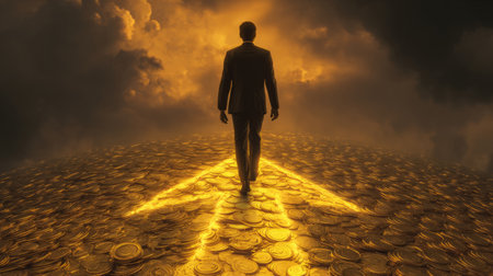 business success, businessman silhouette walking up golden arrow. Generativeの素材