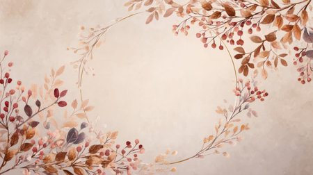 autumn leaves and berries forming a wreath shape on a neutral space. Generative AIの素材