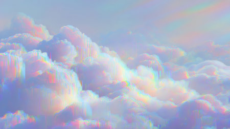 cloudy gradient background with prism light effects, visible grain and glitch noise. Generative AIの素材