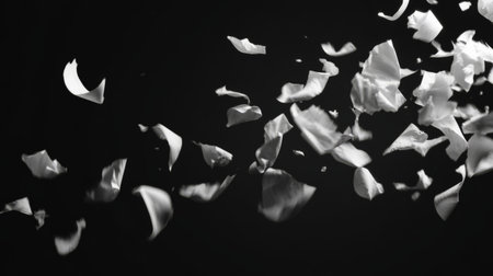 Falling paper fragments, against black background, symbol of fading memories. Generative AIの素材