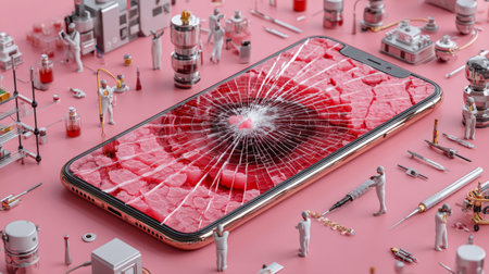 technician repairing cracked smartphone screen with precision tools. Generative AIの素材