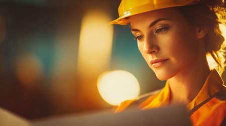 Dramatic lighting, female construction worker with helmet adjusting plans. Generativeの素材