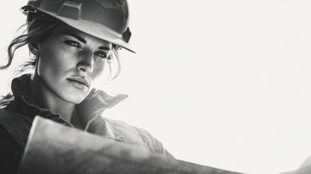 Dramatic lighting, female construction worker with helmet adjusting plans. Generativeの素材