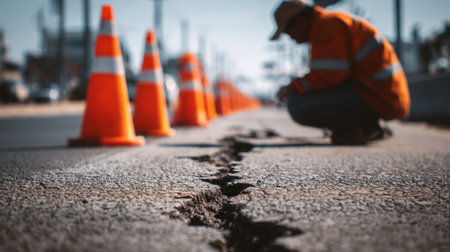 construction worker repairing asphalt under traffic cones. Generative AIの素材