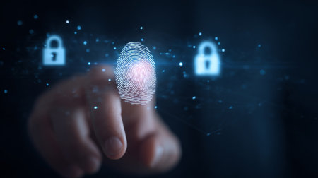 floating icons representing two-factor authentication, password protection, and biometric ID. Generative AIの素材