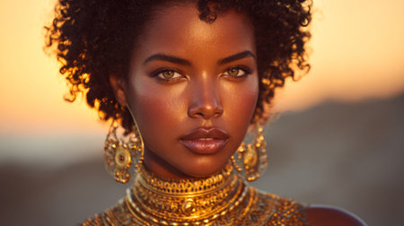 Portraits of elegant dark skinned woman with gold jewelry. Generative AIの素材
