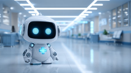 Cute Medical Robot in Futuristic Hospital. Generative AIの素材