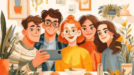 cheerful young adults taking selfies around Nowruz table, sharing joy in bright home interior. Generative AIの素材