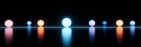 Futuristic glowing neon spheres, perfect on a black surface. Generativeの素材