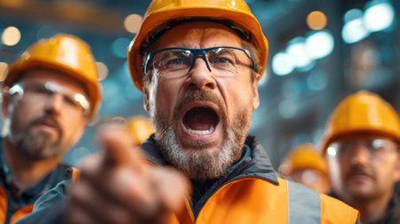 Construction supervisor giving instructions, group dynamics in busy environment. Generativeの素材