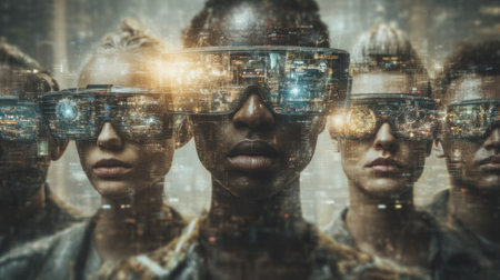 Crowds of people wearing high-tech augmented reality glasses in a futuristic urban environment, immersed in digital interfaces and data overlays. Generative AIの素材