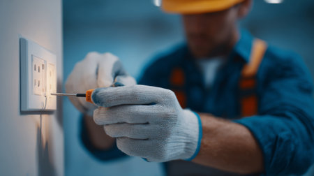 Electrician installing new outlets in renovated apartment. Generativeの素材