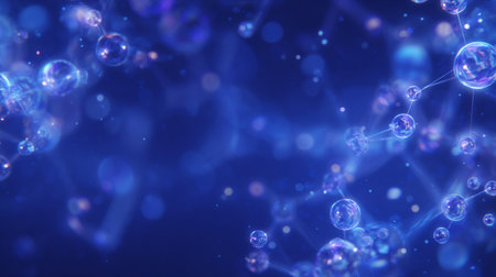 Glossy blue background, floating transparent bubbles and abstract molecules. Generativeの素材
