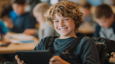 student using tablet with accessibility features while classmates work nearby. Generative AIの素材