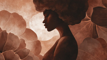female silhouette blending with oversized flower petals, soft shadows and warm earthy tones. Generative AIの素材
