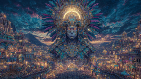 Fantasy cultural concept, sun god Inti glowing in the sky above colorful parade. Generative AIの素材