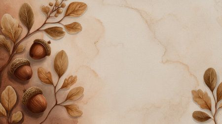flat lay, watercolor leaves and acorns arranged on paper texture. Generativeの素材