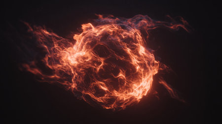 fireball concept, small concentrated orb of fire suspended in black space, glowing intensely. Generative AIの素材