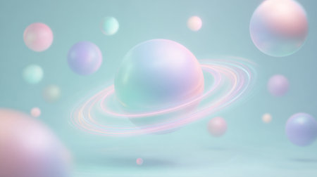 spheres floating in a light teal background with soft glowing ring. Generative AIの素材