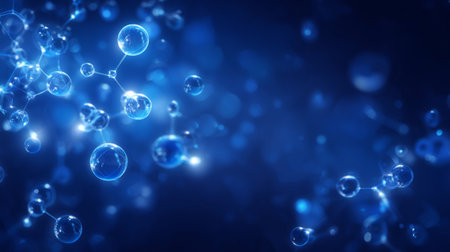 Glossy blue background, floating transparent bubbles and abstract molecules. Generativeの素材