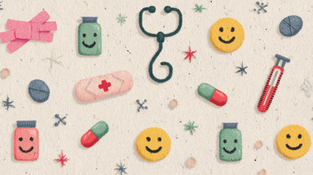 Cute Medical Pattern With Smiley Pills and Tools. Generative AIの素材