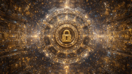golden padlock at center of fractal circuit mandala with glowing symbols radiating. Generative AIの素材