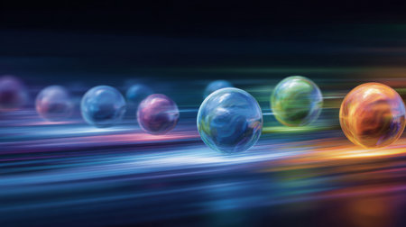 neon orbs rolling along laser-lit path, black backdrop. Generativeの素材