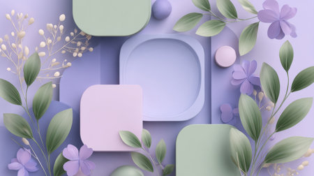Pastel Botanical 3D Background with Geometric Shapes. Generative AIの素材