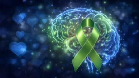 glowing green ribbon, brain, glowing background symbolizes healing and support. Generative AIの素材