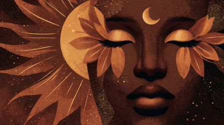 feminine face with petals instead of eyes, sunburst background and subtle textures. Generative AIの素材