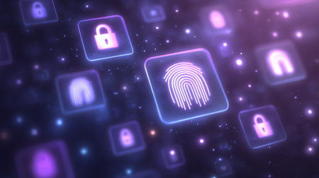 floating icons representing two-factor authentication, password protection, and biometric ID. Generative AIの素材