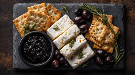cashew-based cheese wheels, crackers, olives, and fig spread on slate platter. Generative AIの素材