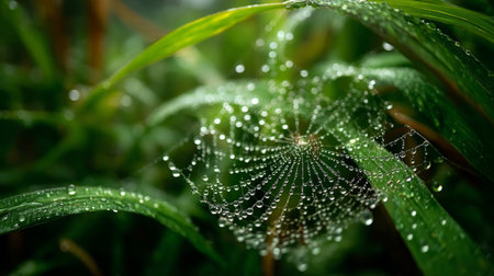 tiny dewdrops hanging like pearls on delicate spider silk, grass softly blurred in background. Generative AIの素材
