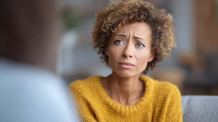 client with visible distress, therapist maintaining safe presence with soft body language. Generative AIの素材