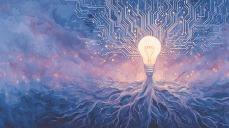 glowing light bulb growing from circuit board roots, symbolizing AI learning and innovation. Generative AIの素材