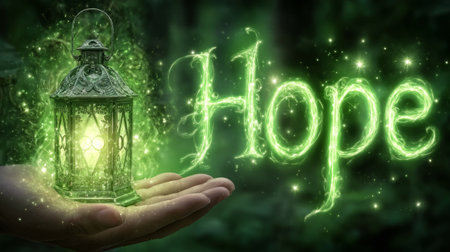 glowing lantern floating from open hand with the word Hope surrounded by green aura. Generative AIの素材