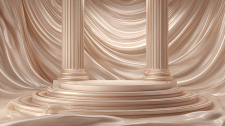 Pearl-tone podium on silk-textured background with soft folds. Generativeの素材