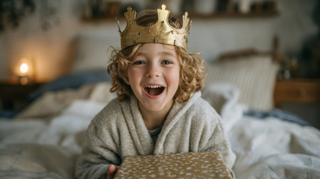 child waking up excited with crown on head and wrapped present from Epiphany morning. Generative AIの素材
