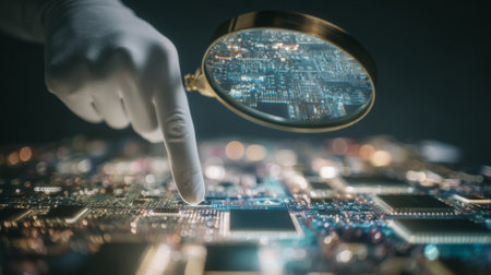 Minimalist aesthetic, tech worker assembling circuit board under magnifying lens. Generativeの素材